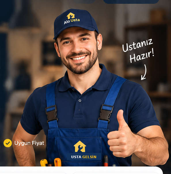 Usta Gelsin iş kıyafetli, gülümseyen profesyonel usta